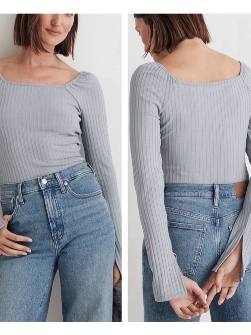 Madewell women’s Ribbed Long-Sleeve shirt square neck top light Blue size Medium